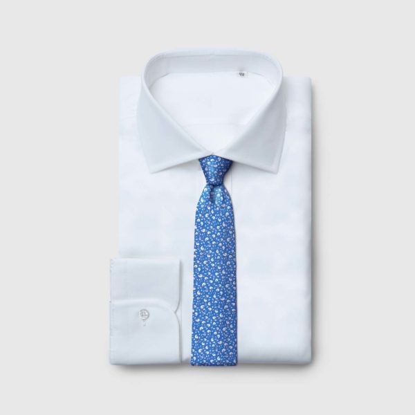 Cravatta 5 pieghe fondo blu e micromotivo uccellino