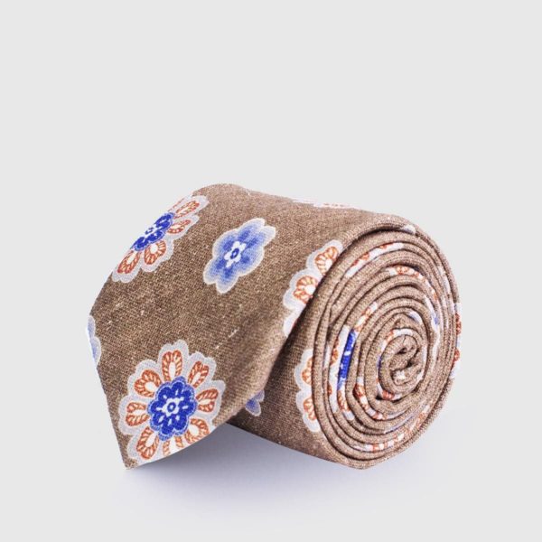 5 Fold brown Tie with orange and blue flowers
