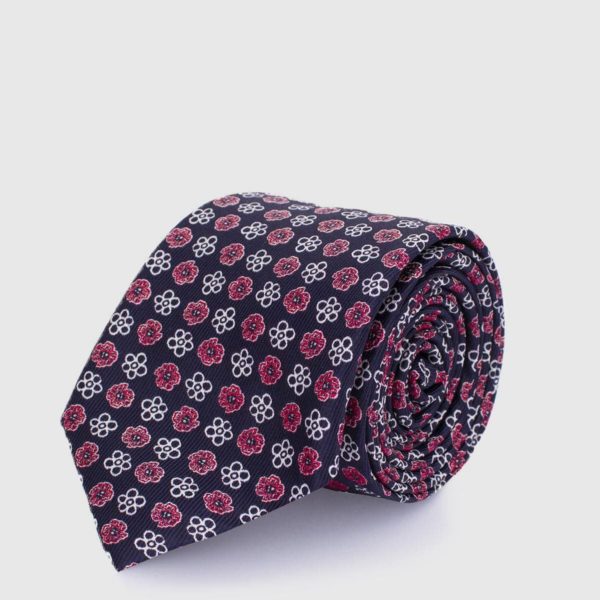 5 Fold black tie with red and white flowers