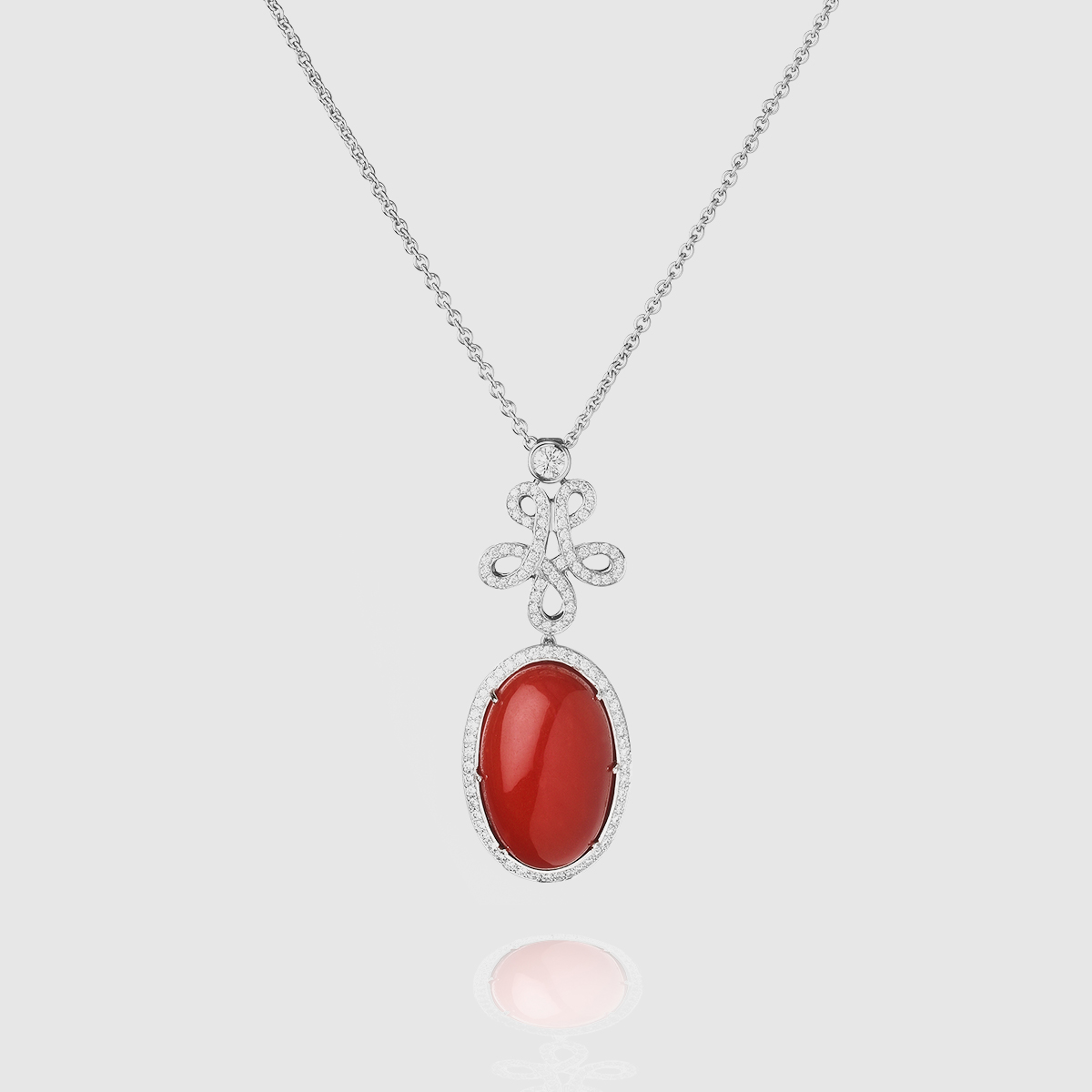 Necklace in white Gold with round Diamonds and  Japanese Moro Coral