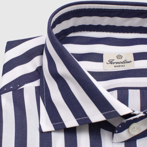 100% Dark blue and white Cotton shirt made in 12 hand-made steps