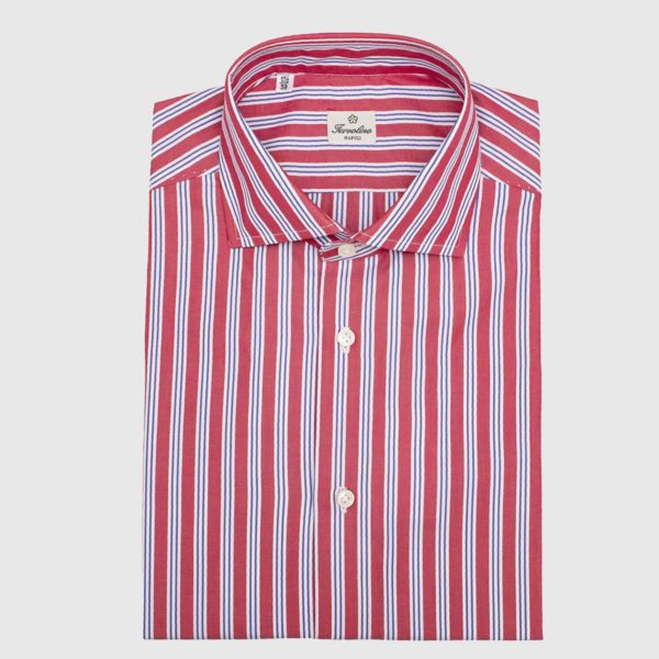 100% red and white striped Cotton shirt made in 12 hand-made steps