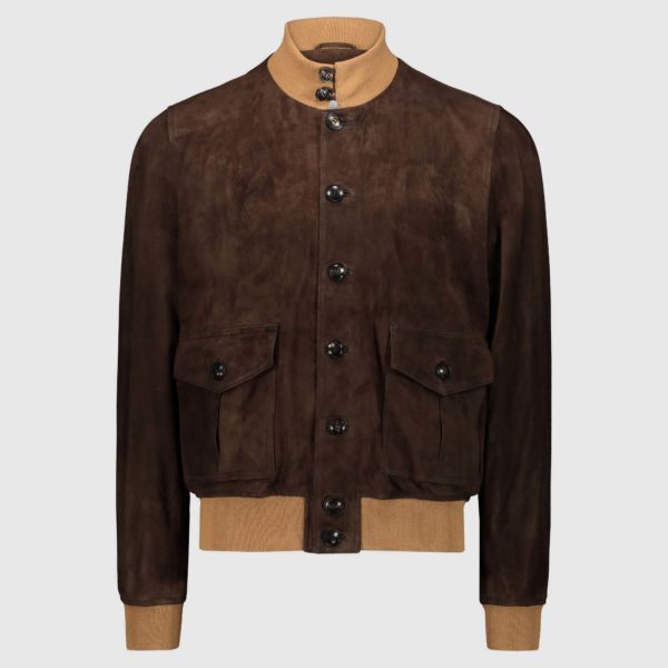 Giacca bomber in suede Brown con tessuto tabacco “A1 Cary”