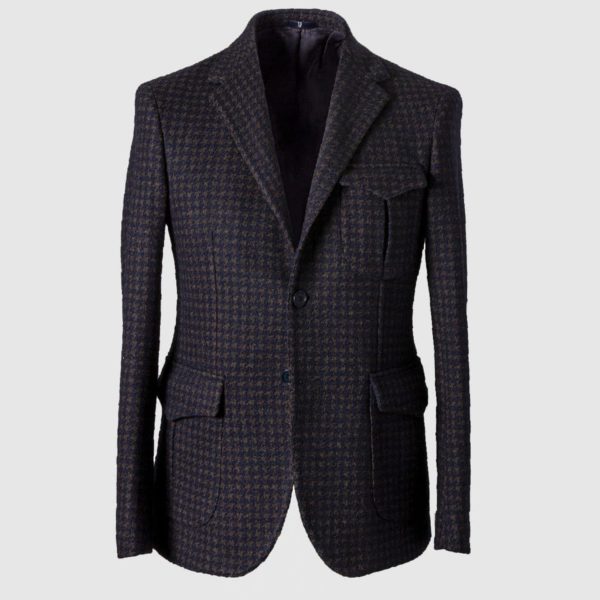 “Pied de poule” Single-breasted Blazer in Wool Cotton and Polyester