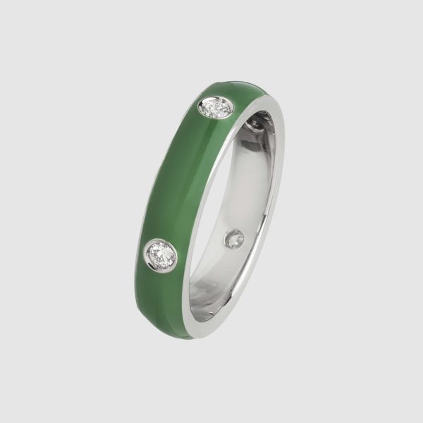 Green enamelled ring in white gold and diamonds