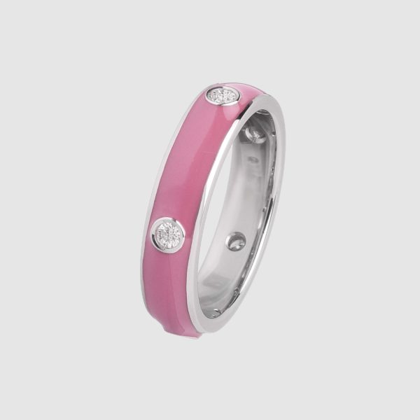 Pink enamelled ring in white gold and diamonds