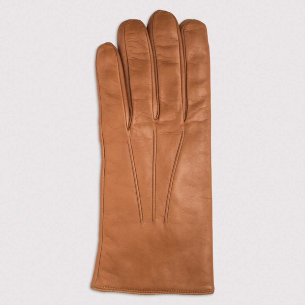 Nappa Leather Glove with Wool Lining and Button Detail in Camel