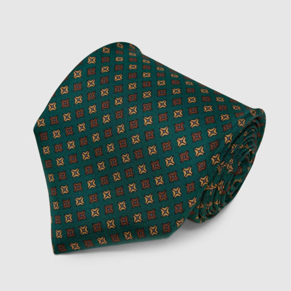Cravatta di Seta verde con motivo a pois quadrati marrone