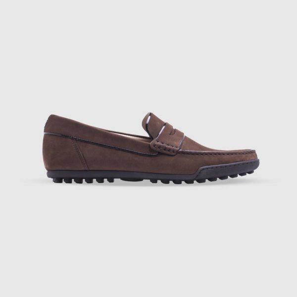 Dark brown loafer in nubuck with penny bar