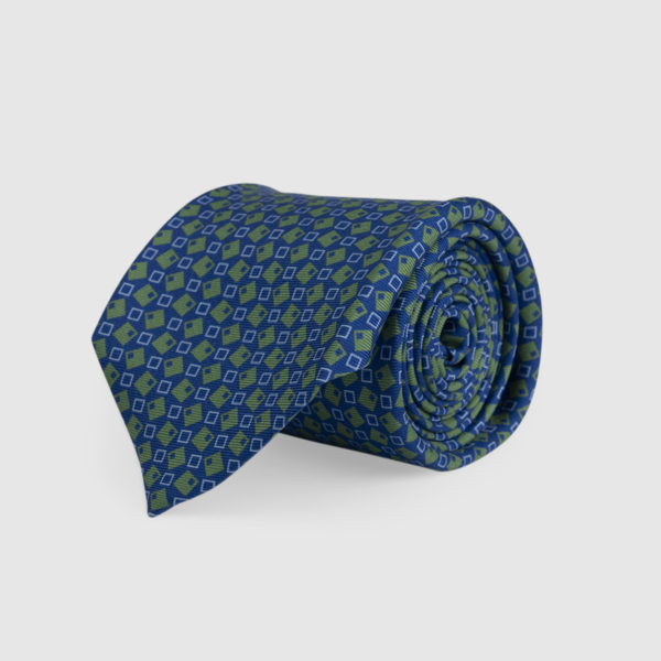 Cravatta 3 Pieghe Seta Blue E Fantasia Verde