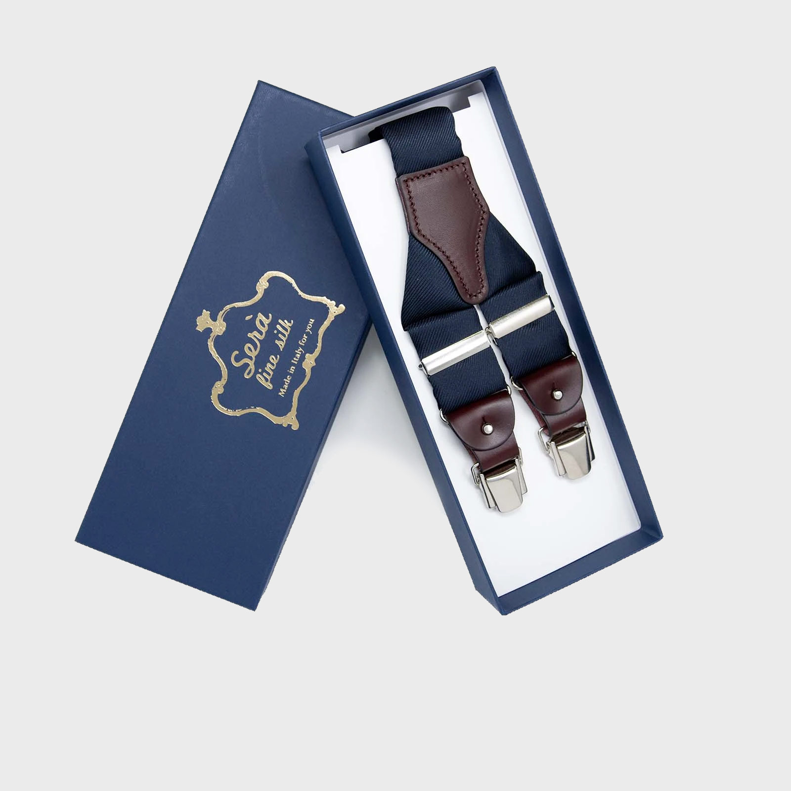 Navy Blue and Burgundy leather Silk Suspenders Serà Fine Silk on sale 2022