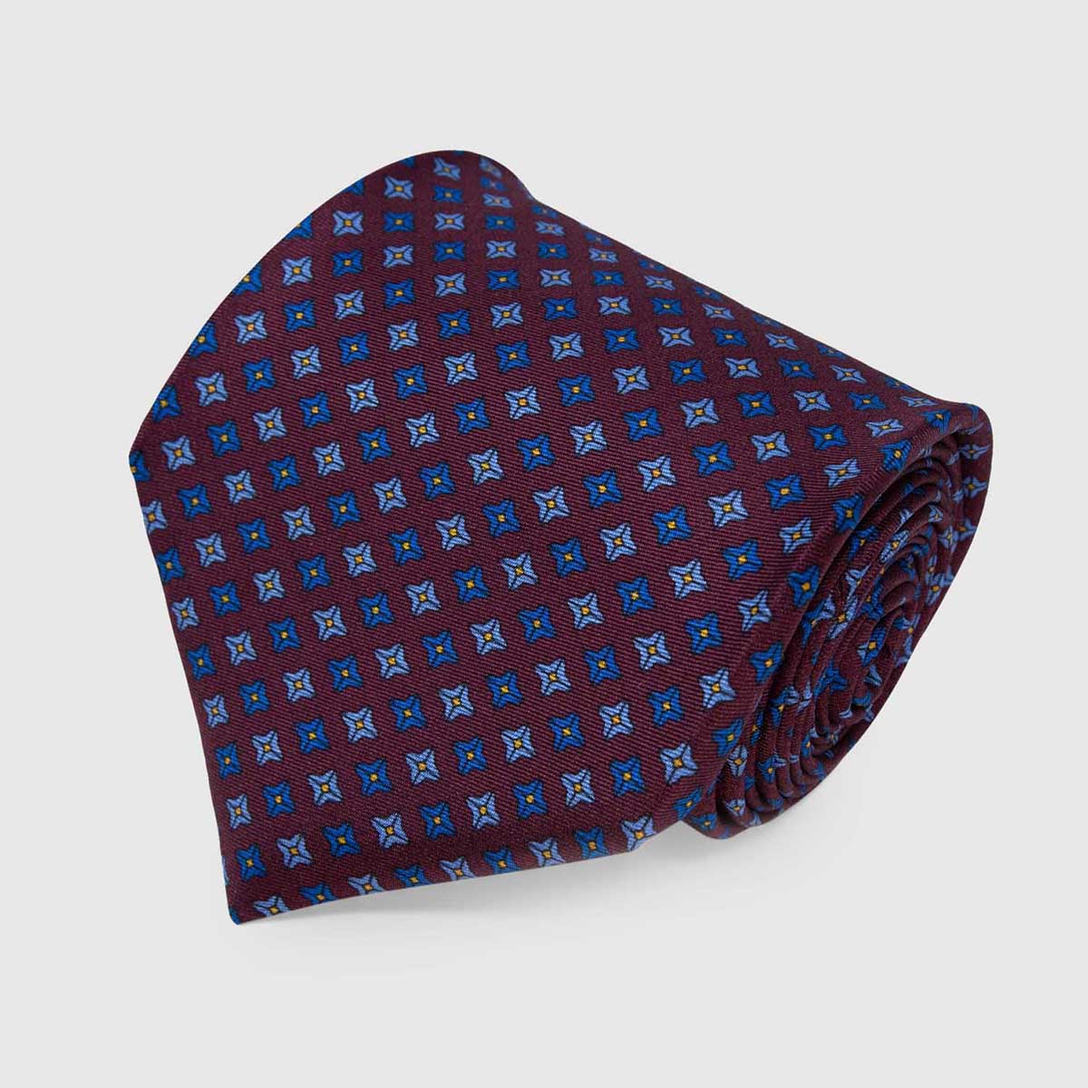 Burgundy with Blue and Grey Square Dots Pattern Silk Tie