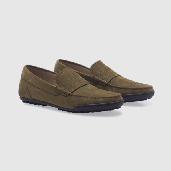 Driving shoe in nubuck with saddle – olive green