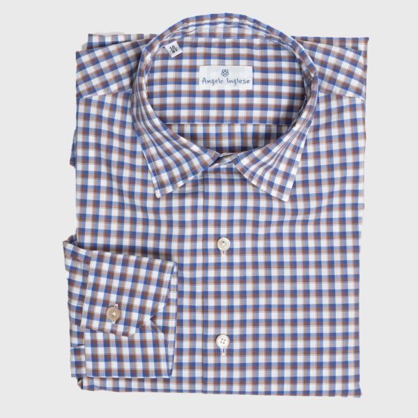 Check Pattern Cotton Shirt in White-Blue-Brown