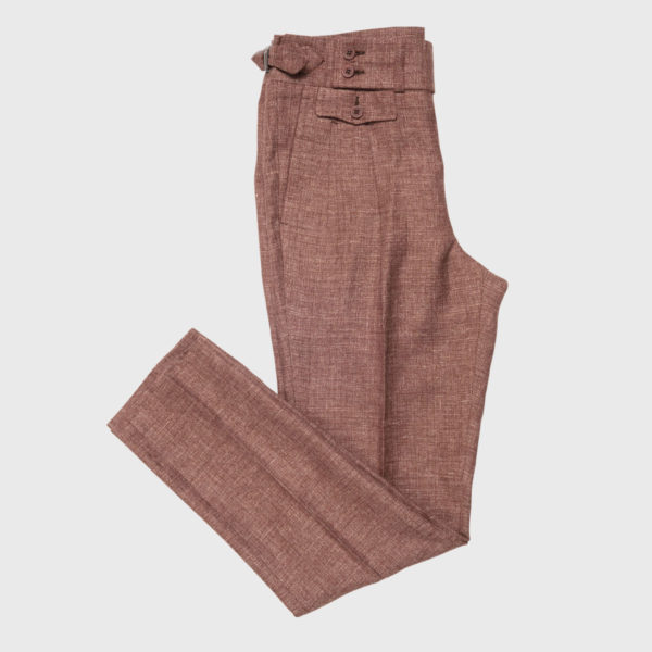 2 Pleats Trousers in Linen and Super 120’s Wool in Burgundy