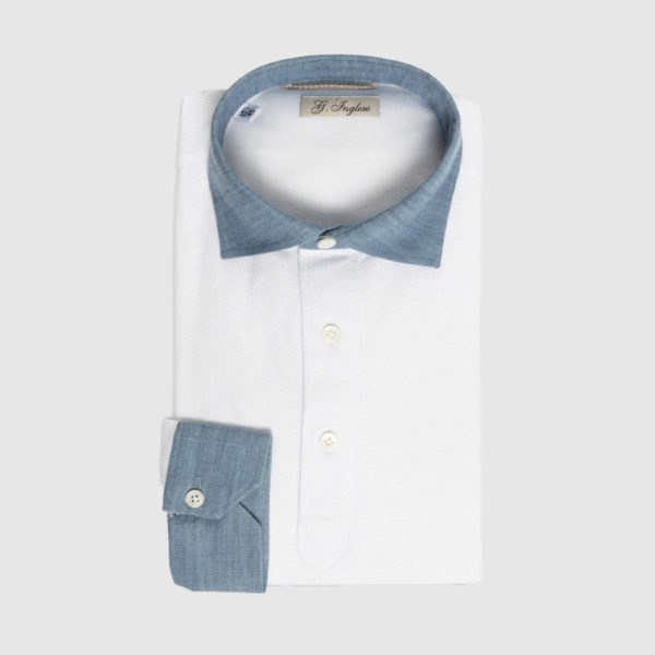 Piquet Polo Shirt in White Cotton and Denim Collar