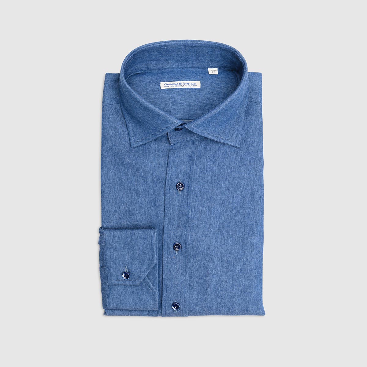 100% Double Twisted Cotton Denim Shirt – Medium Blue Wash Camiceria Ambrosiana on sale 2022