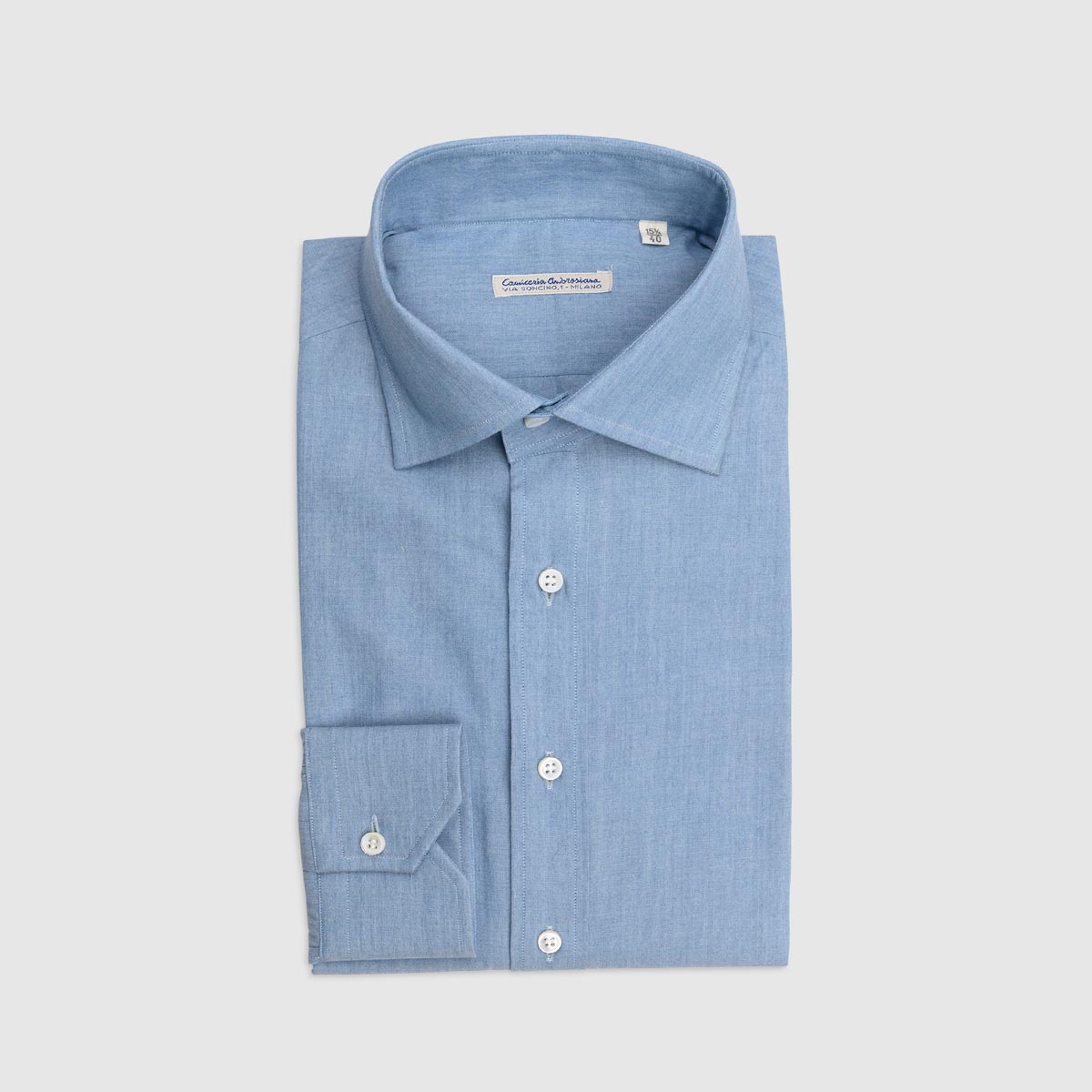 100% Double Twisted Cotton Denim Shirt – Light Blue Wash Camiceria Ambrosiana on sale 2022
