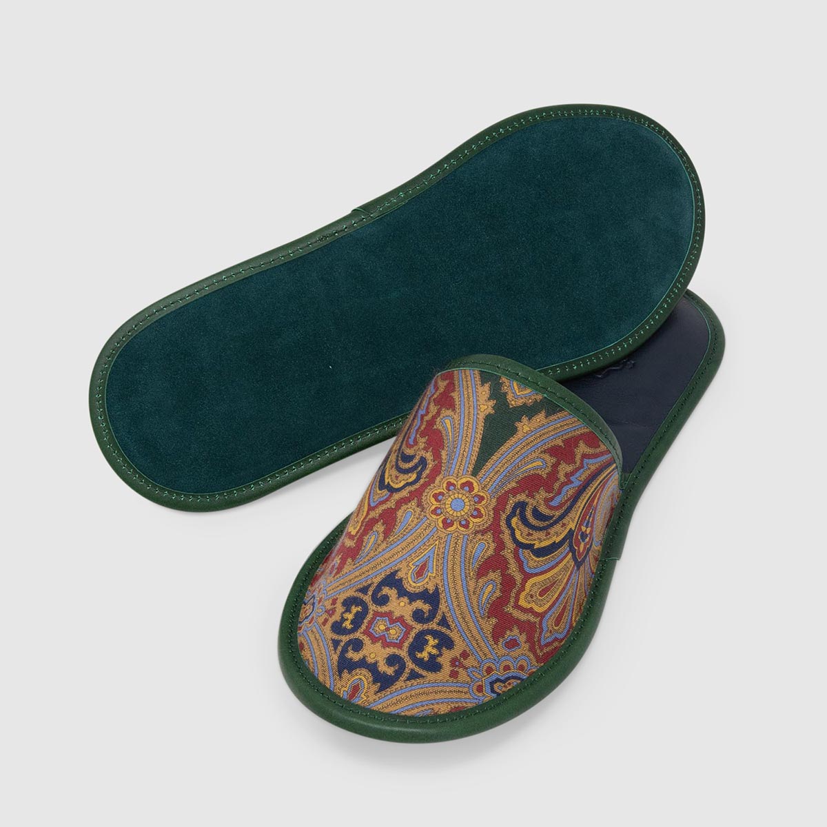 Green Paisley Silk And Leather Slippers – S