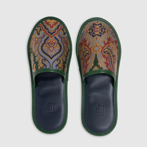Green Paisley Silk And Leather Slippers