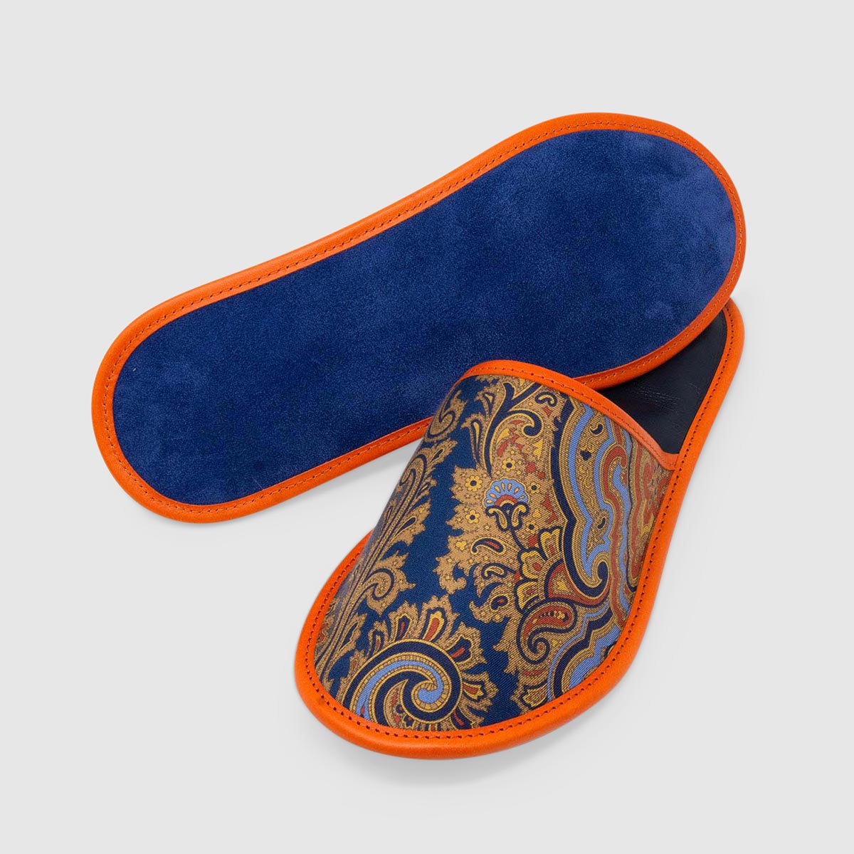 Royal Blue And Orange Paisley Silk And Leather Slippers – M