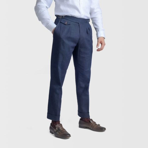 Pantalone Ghurka Denim Blu in Misto Cotone e Seta