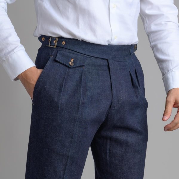 Pantalone Ghurka Denim Blu in Misto Cotone e Seta