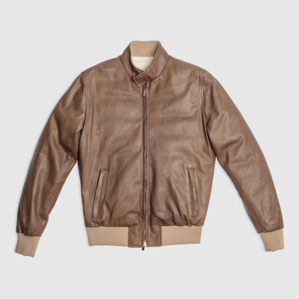Brown Leather Reversible Bomber Jacket With Goose Down Padding