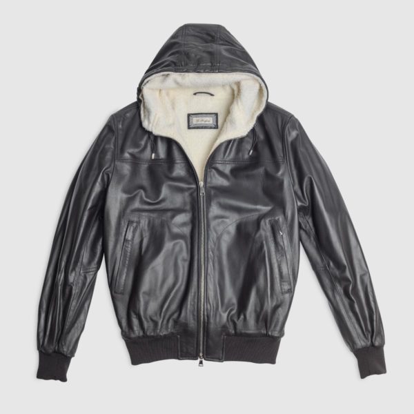Brown Leather Bomber Jacket With Hood And White Casentino Padding