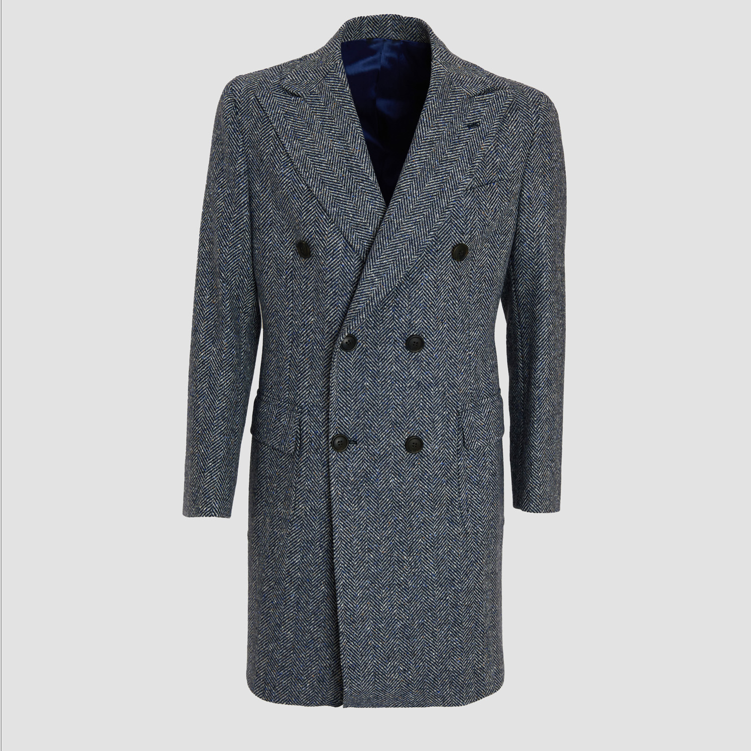 Grey Herringbone Wool Double Breasted Overcoat