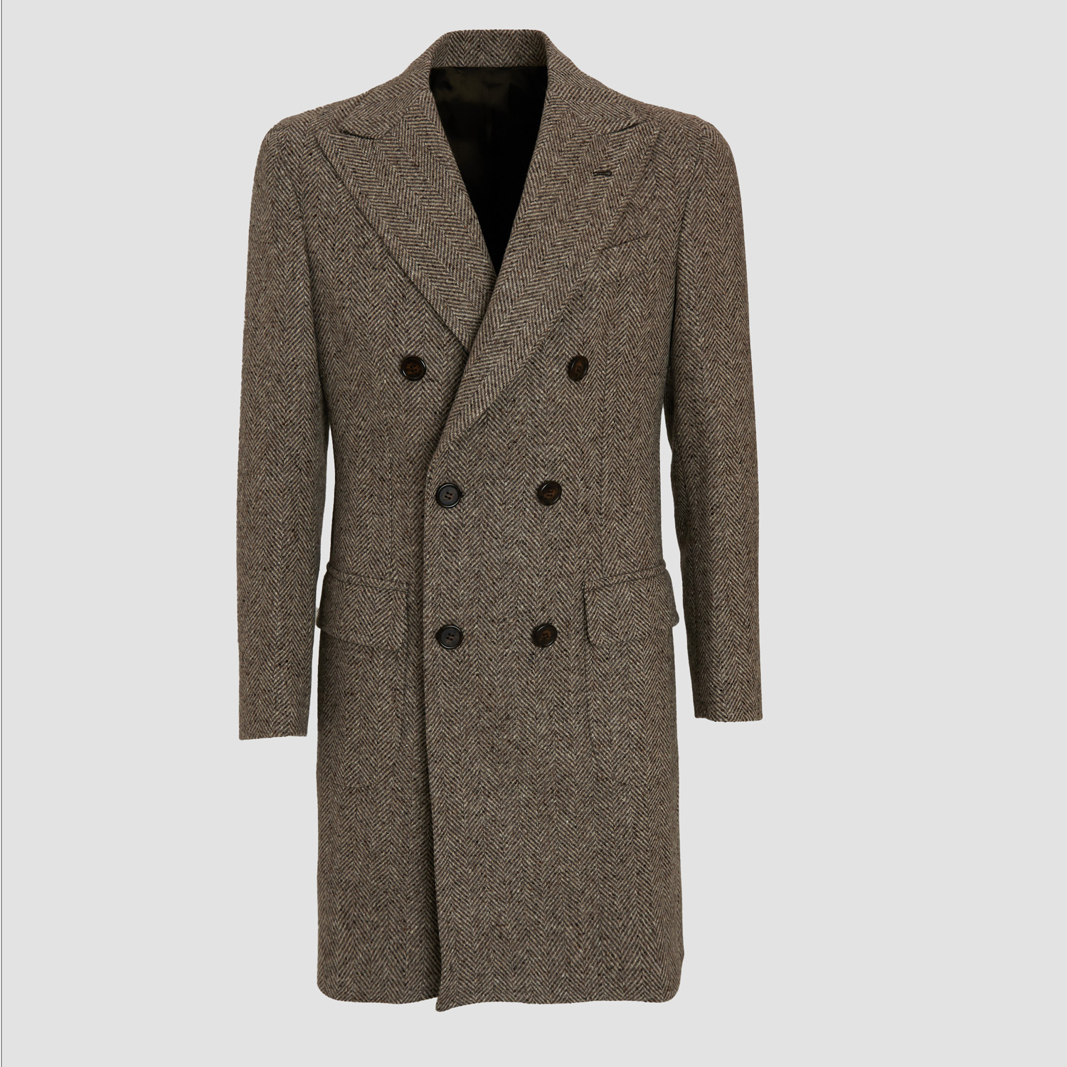 Brown Herringbone Wool Double Breasted Overcoat