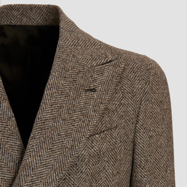 Brown Herringbone Wool Double Breasted Overcoat