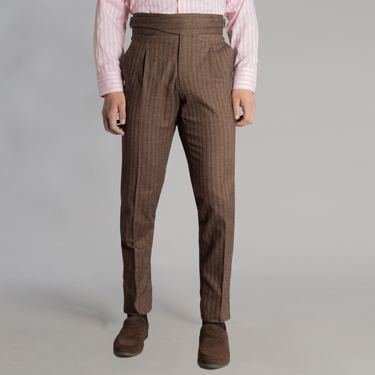 Cammel/Brown Herringbone Stretch Cotton Twill Dress Trousers