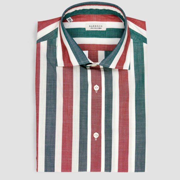 Fat Stripes White Green Red Chambray Cotton Shirt