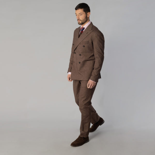 Brown Herringbone Double Breasted Stretch Twill Cotton Suit