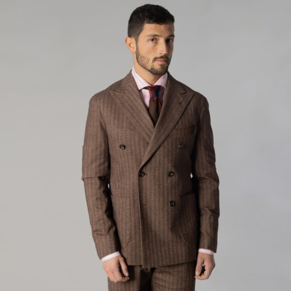 Brown Herringbone Double Breasted Stretch Twill Cotton Suit